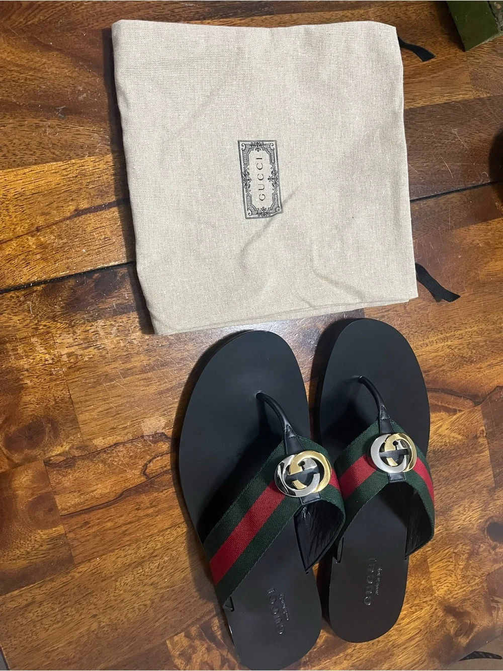 Gucci Men's Black Leather Thong Sandals with Green & Red Web Gold And Silver GG
